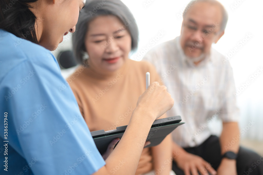 health insurance of retired assistance concept, woman nurse or doctor help support senior patient at home, medicine caregiver having medical health care for elderly female to happy care at home