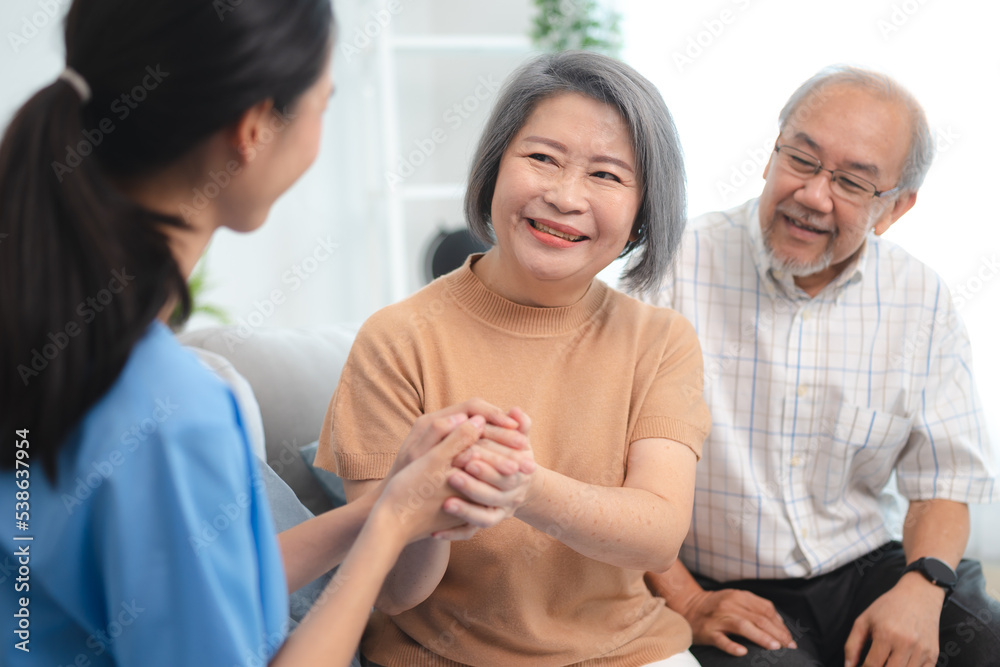 health insurance of retired assistance concept, woman nurse or doctor help support senior patient at home, medicine caregiver having medical health care for elderly female to happy care at home health insurance of retired assistance concept, woman nurse or doctor help support senior patient at home, medicine caregiver having medical health care for elderly female to happy care at home