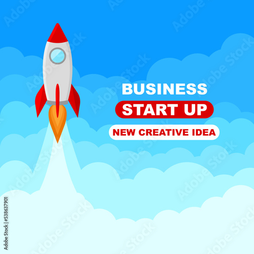 Launched rocket for sky. New business idea. Startup concept. Success creative project. Marketing strategy. Vector flat illustration. 