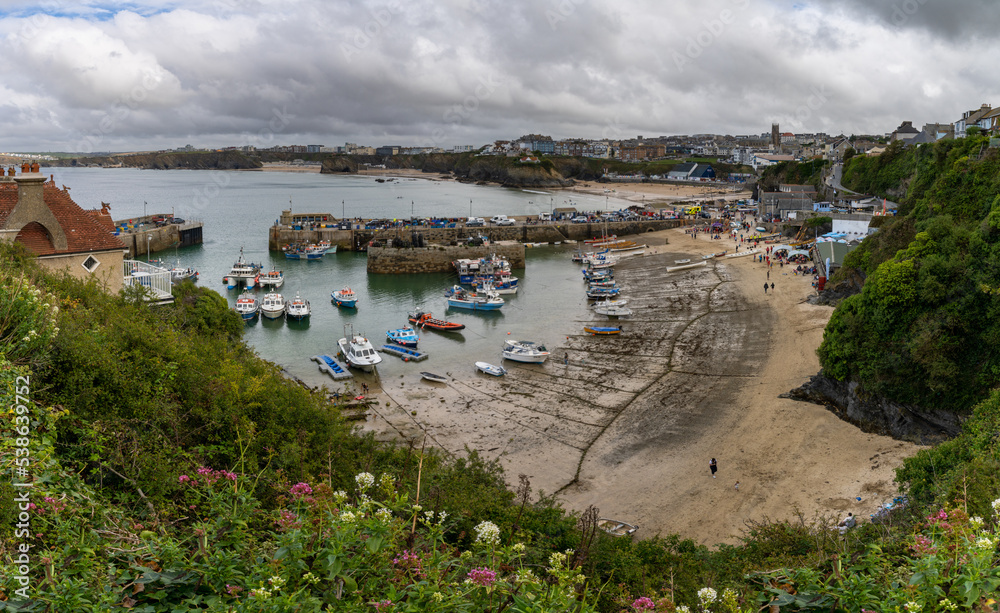view of the old city center and harbor of Newquay in Cornwall