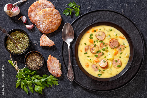 German potato soup with sausages in bowl
