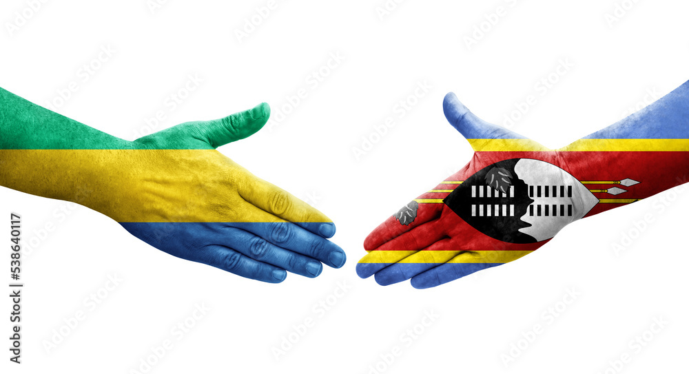 Handshake between Eswatini and Gabon flags painted on hands, isolated transparent image.