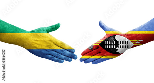 Handshake between Eswatini and Gabon flags painted on hands, isolated transparent image.