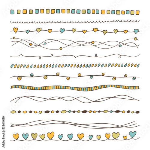 Vector set of colored hand drawn borders. Doodle lines collection for your design. Cute trendy decorative elements. Curves decorated with circles, swirls, hearts. Decor template kit in flat style