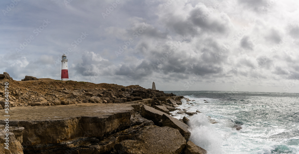 panorama landscape of the Jurassic Coast and Portland Bill with the iconic lighthouse