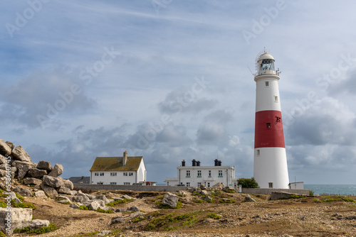 view of the Portland Bill Lighthouse and Vistors Center on the Isle of Portland in southern England photo