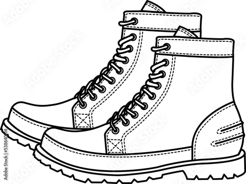 Technical drawing of snow hiking boots. Boot for extreme cold.