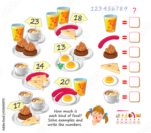 Mathematical logic puzzle game for smartest. How much is each kind of food? Solve examples and write the numbers. Find solution for all dishes. Brain teaser book. Count and play. Online education.