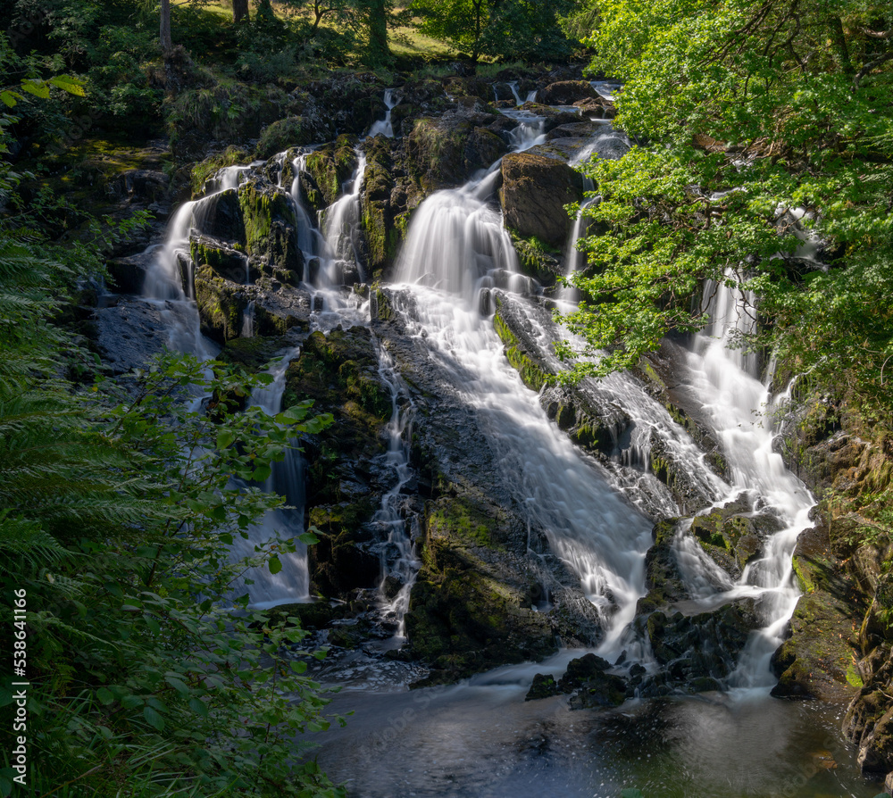 Fototapeta premium the Swallow Falls waterfall in Anglesey in northern Wales surrounded by lush green summer vegetation