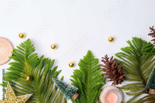 Top view Christmas flat lay decorations on white background