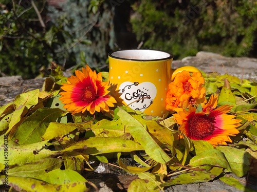 Yellow coffee mug in forest...flowers and leafes around