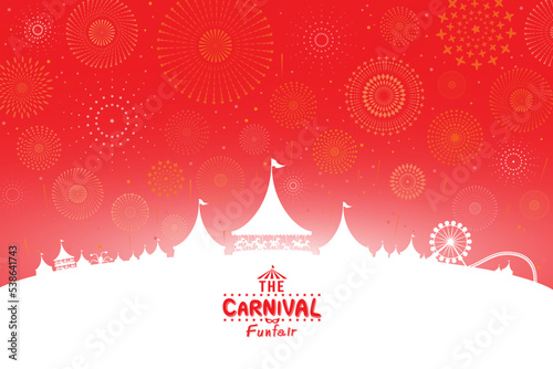 Vector illustration of the carnival funfair design with fireworks background. 