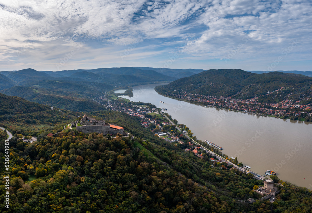 landscape view of the Danube Bend in Visegrad with the historic Visegrad Castle on the hilltop