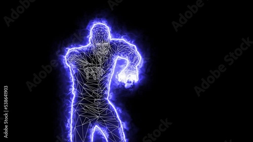 Zombie in the fire. Halloween. 3D animation. Hologram. Grid texture. Fire lighting.