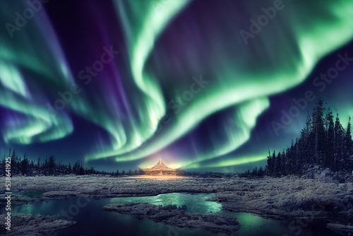 Northern Lights above waters edge, 3D rendering, raster illustration.