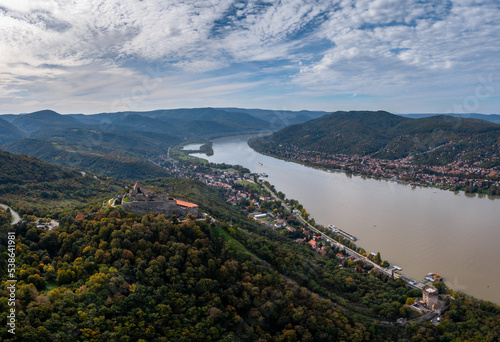 landscape view of the Danube Bend in Visegrad with the historic Visegrad Castle on the hilltop