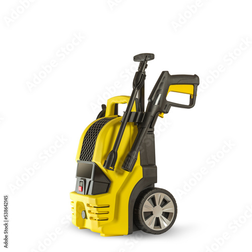 фотографія a yellow high-pressure washer on wheels is isolated on a white background