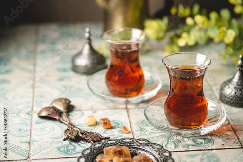 Photography Turkish tea in traditional glass