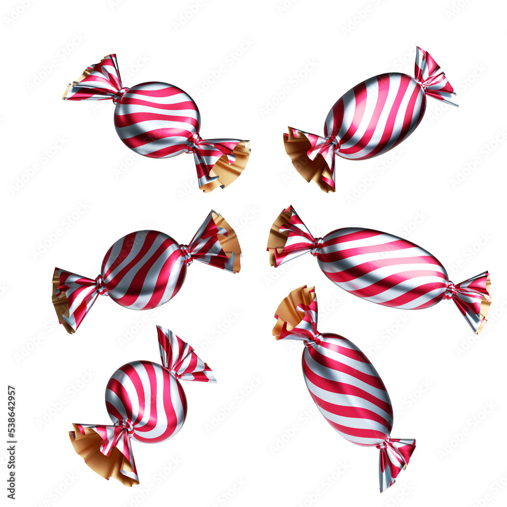 3d rendering, assorted festive clip art: sweets, candies, wrapped chocolates, bonbon, wrapped with shiny metallic foil. Objects isolated on white background, romantic design elements. Sweet snack.