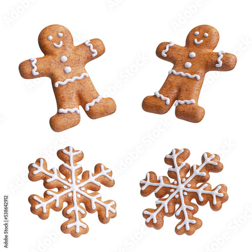 Christmas gingerbread man and snowflakes glazed. 3d illustration