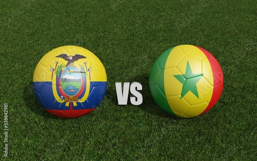Footballs in flags colors on grass . Ecuador with Senegal. World Cup football championship 2022 .3d renderin