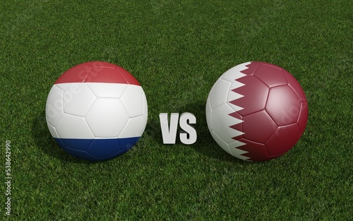 Footballs in flags colors on grass . Netherlands with Qatar. World Cup football championship 2022 .3d rendering
