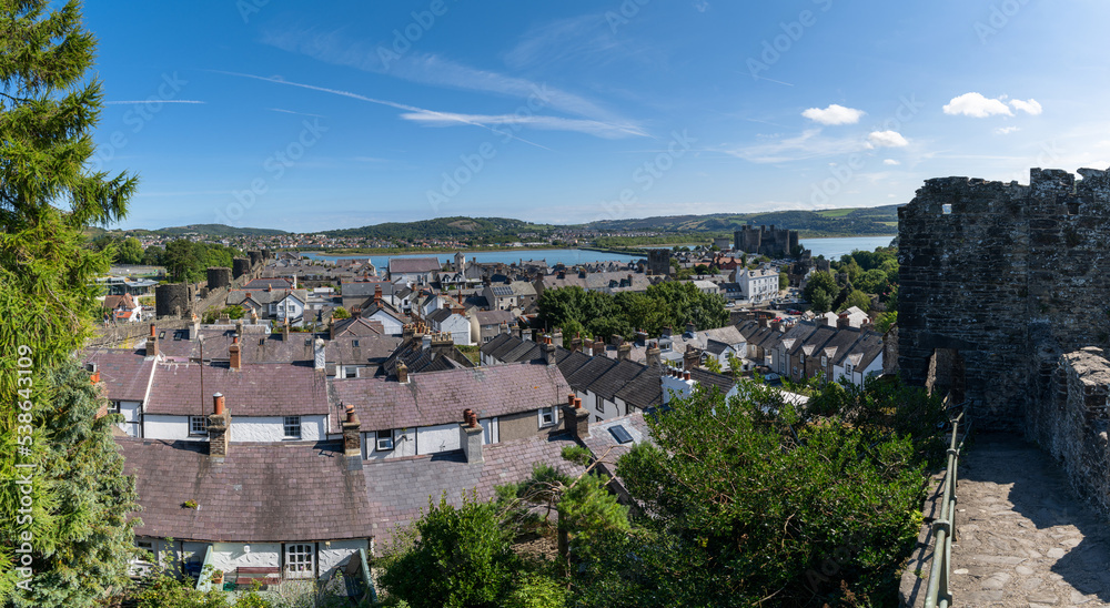 view of the walled Welsh town of Conwy with the medieval castle and River Conwy behind