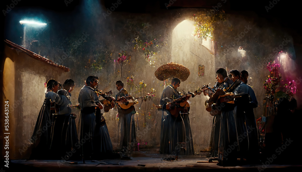 AI generated image of a group of Mariachi musicians performing on stage in Mexico 