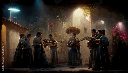 AI generated image of a group of Mariachi musicians performing on stage in Mexico  photo