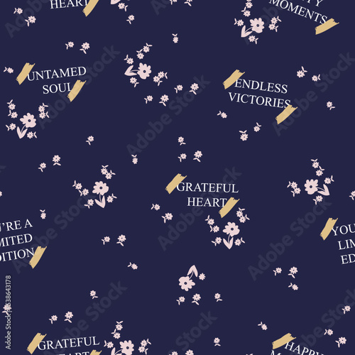 Navy ditsy thanksgiving, christmas, trendy playful conversational colorful positive letter and words seamless pattern print background  for fashion, textile, tshirt, girls, kids 