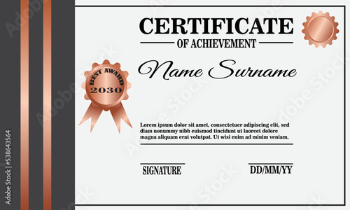 black and rose gold Certificate of achievement template set with gold badge and border. Award diploma design blank