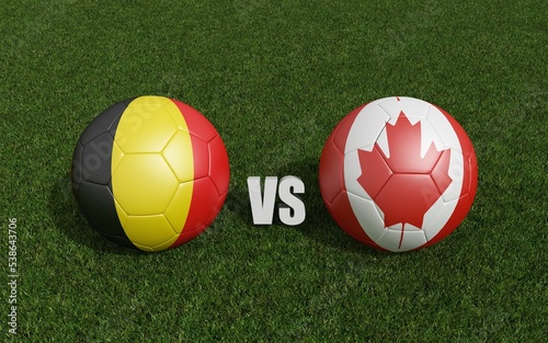 Footballs in flags colors on grass . Belgium with Canada. World Cup football championship 2022 .3d rendering