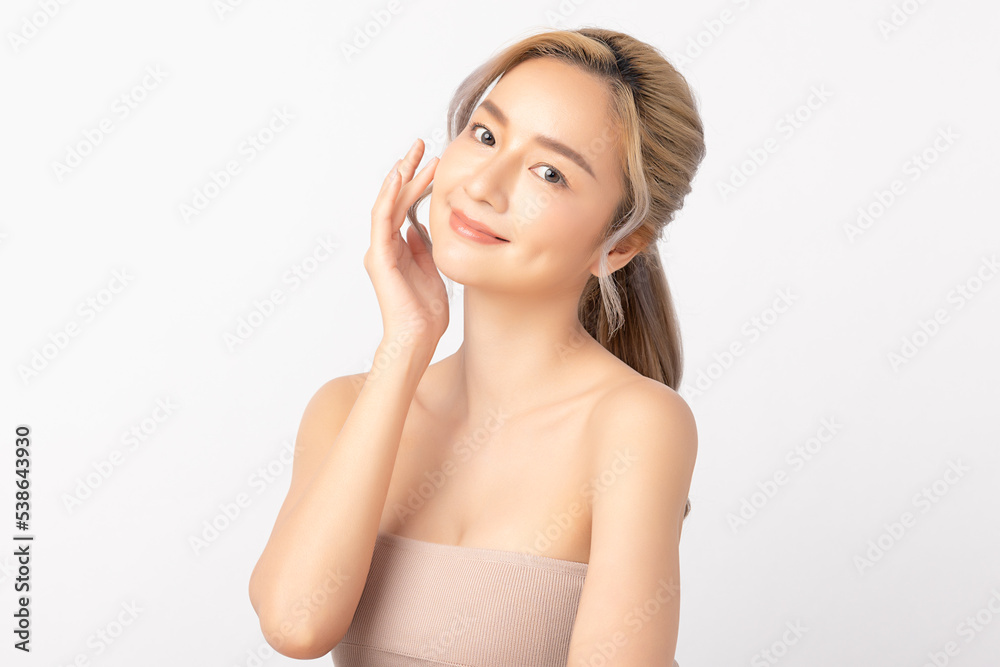 Happy beautiful young asian woman clean fresh bare skin concept. Asian girl beauty face skincare and health wellness, Facial treatment, Perfect skin, Natural make up. Isolated on white background. Happy beautiful young asian woman clean fresh bare skin concept. Asian girl beauty face skincare and health wellness, Facial treatment, Perfect skin, Natural make up. Isolated on white background.