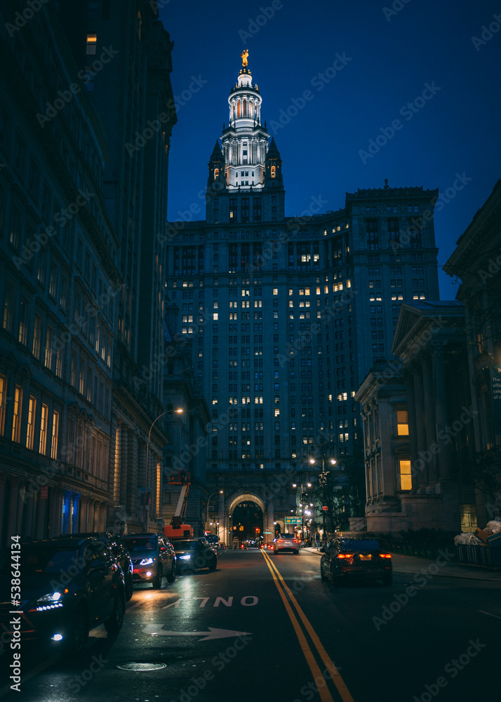 New York City Hall at night, Manhattan, New York