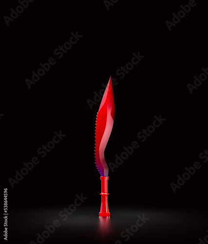 Red plastic knife, combat weapon blade, military and hunting dagger. Medieval weapon, 3d rendering