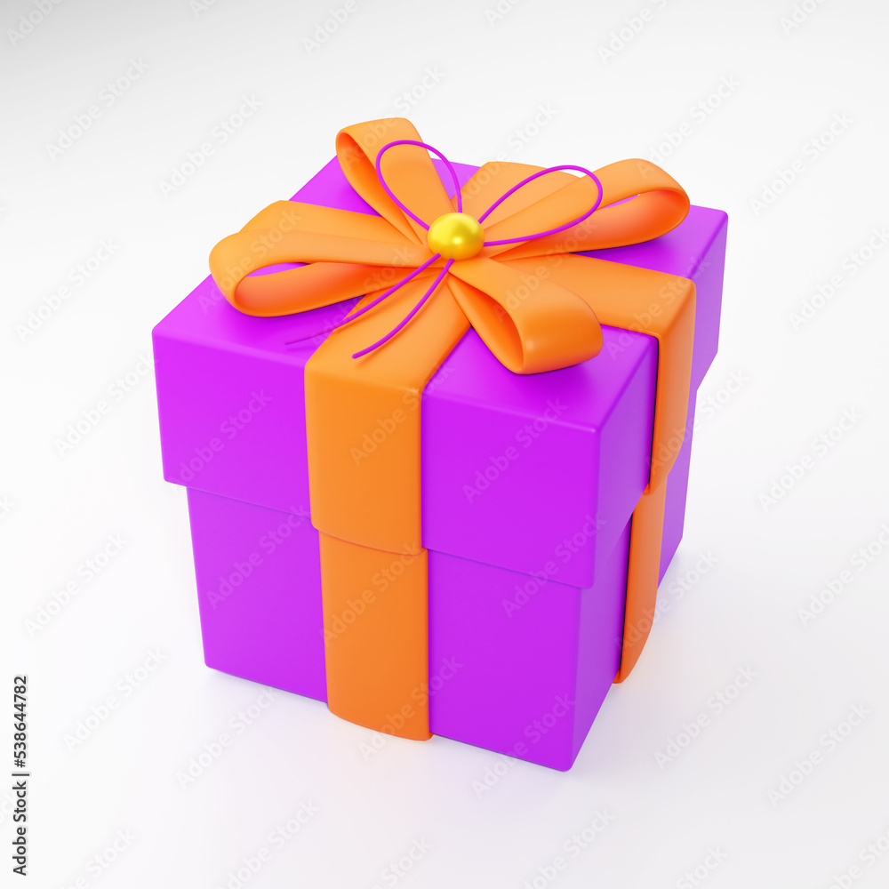 3d rendering of gift box or present in purple and orange colors isolated on white background. 3d rendering of gift box or present in purple and orange colors isolated on white background.