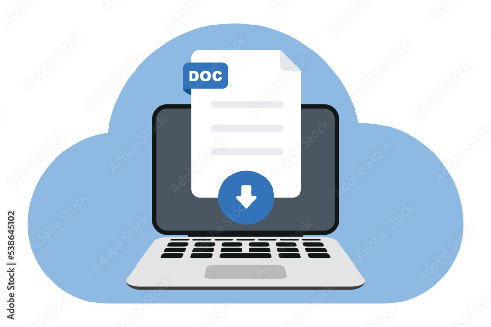 Upload document. Laptop and upload file icon. File transfer. Copy files, data exchange, backup, file sharing concepts. Flat style. Vector illustration