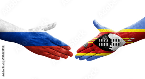 Handshake between Eswatini and Russia flags painted on hands, isolated transparent image.