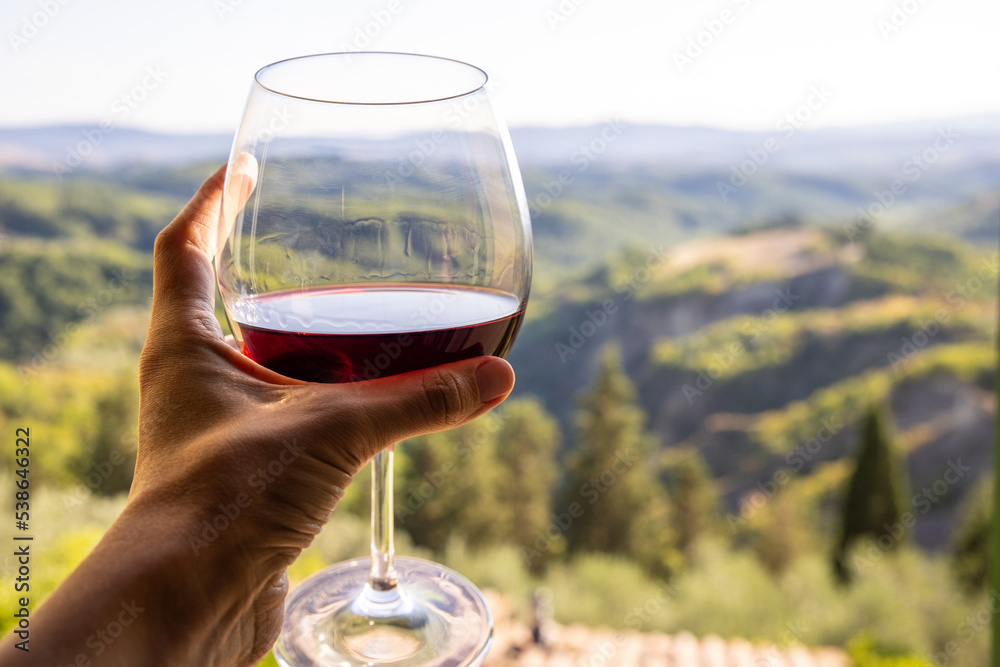 Woman holding a glass of red wine with beautiful landscape of Italy in a background on a sunny day. View from the window.
