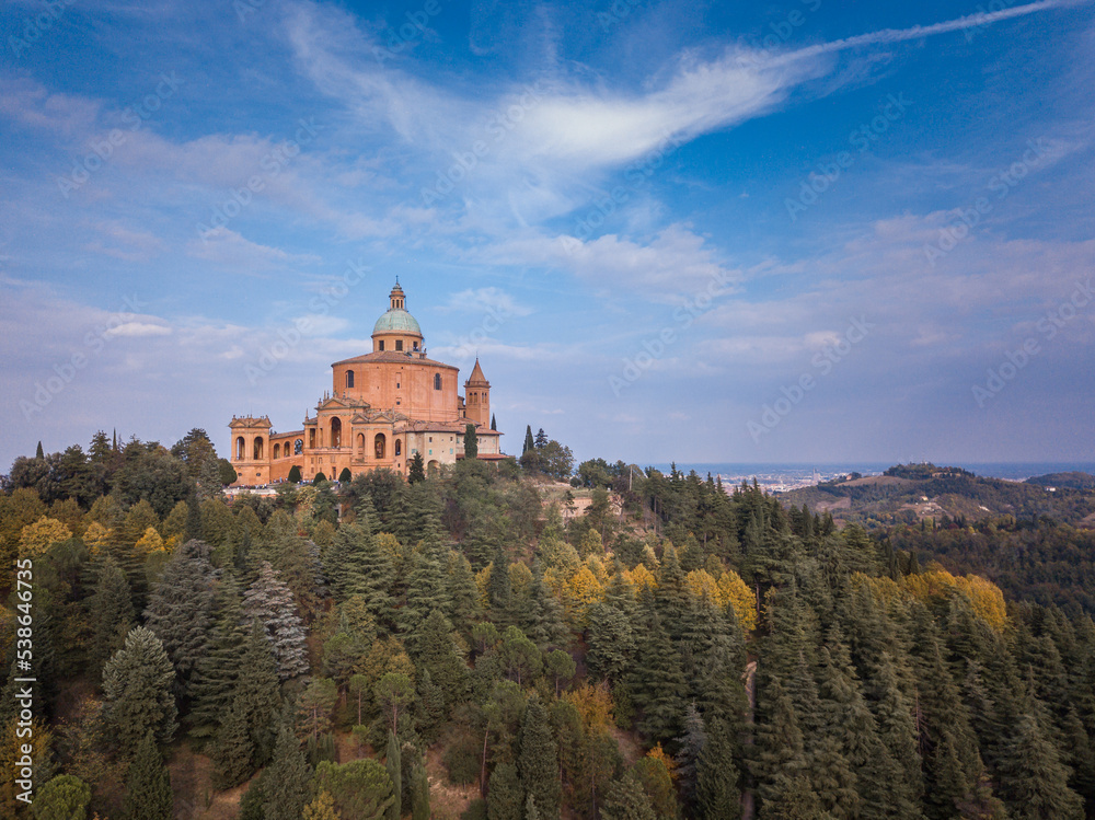 Italy, October 2022- aerial view of the Sanctuary of the Blessed Virgin of San Luca on the hill of Bologna