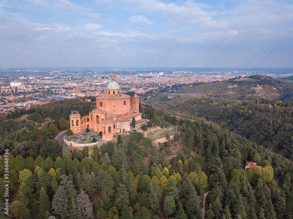 Italy, October 2022- aerial view of the Sanctuary of the Blessed Virgin of San Luca on the hill of Bologna