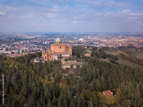 Italy, October 2022- aerial view of the Sanctuary of the Blessed Virgin of San Luca on the hill of Bologna © cristian