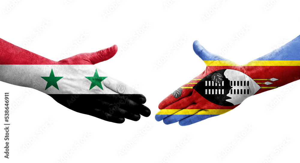 Handshake between Eswatini and Syria flags painted on hands, isolated transparent image. Handshake between Eswatini and Syria flags painted on hands, isolated transparent image.