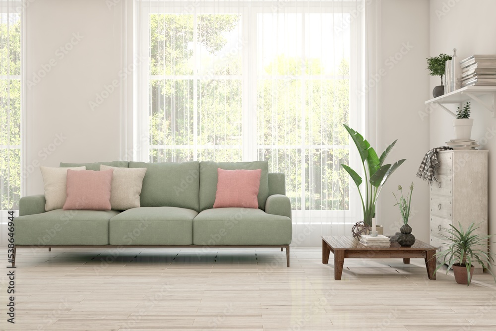 White living room with sofa and summer landscape in window. Scandinavian interior design. 3D illustration White living room with sofa and summer landscape in window. Scandinavian interior design. 3D illustration