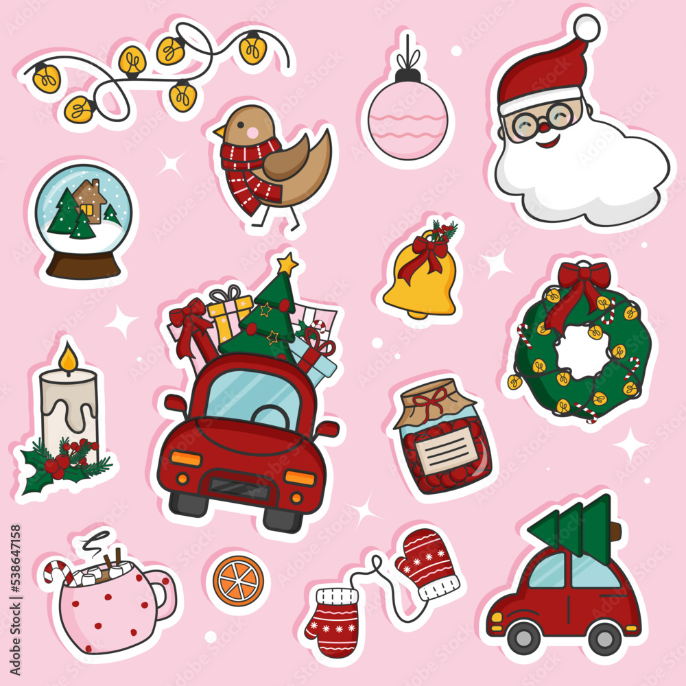 Christmas, New Year, set of stickers, Santa, gifts, car, Christmas tree, toys, winter holidays, greetings, children Christmas, New Year, set of stickers, Santa, gifts, car, Christmas tree, toys, winter holidays, greetings, children