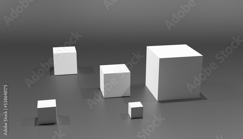 3d rendering of some white cubes with different sizes in a black background 