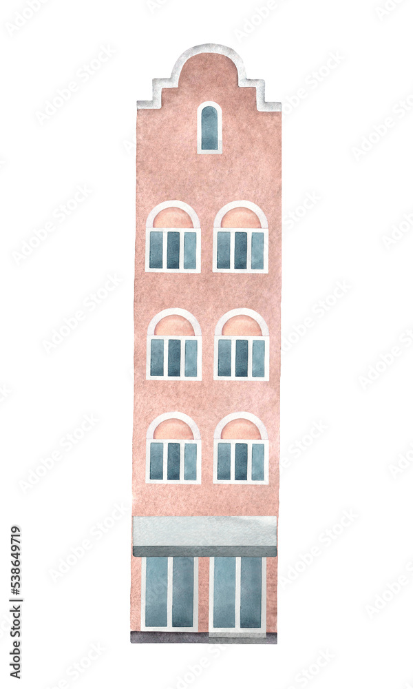 Watercolor hand drawn illustration of old town brown blocked house. Isolated buildings on transparent background.