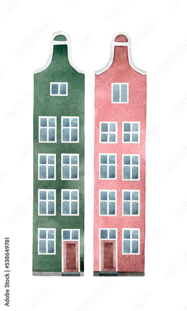 Watercolor hand drawn illustration of old town red and green blocked houses set. Isolated buildings on transparent background.