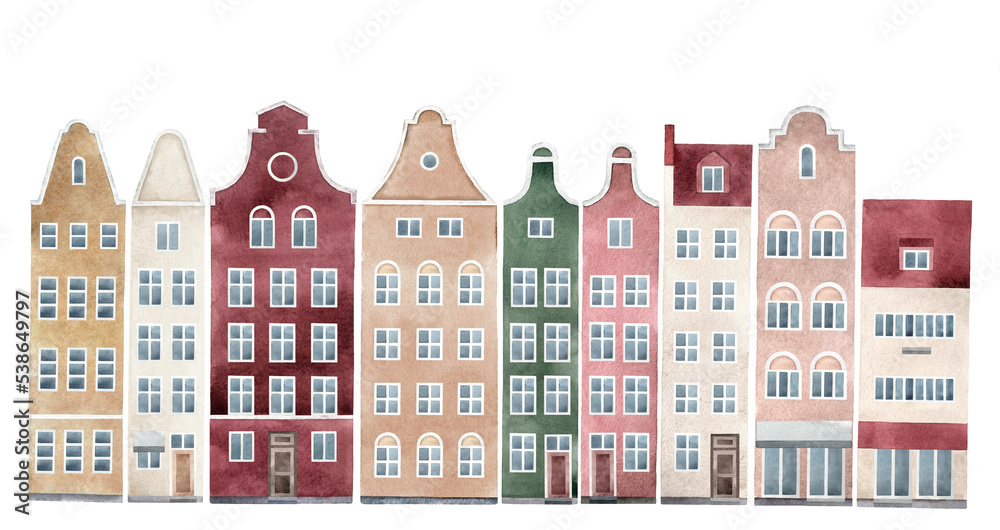 Watercolor hand drawn illustration of old town houses panorama. Isolated buildings on transparent background.