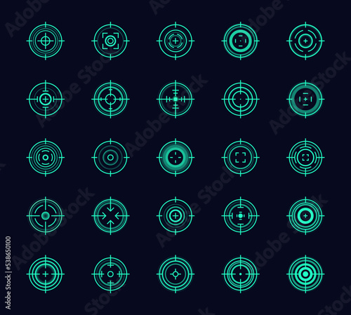 Target aim icon set. Crosshair or sight icons. Aiming to bullseye signs. Sniper aim and scope. HUD technology aiming. Focus sign in circle. Vector illustration.